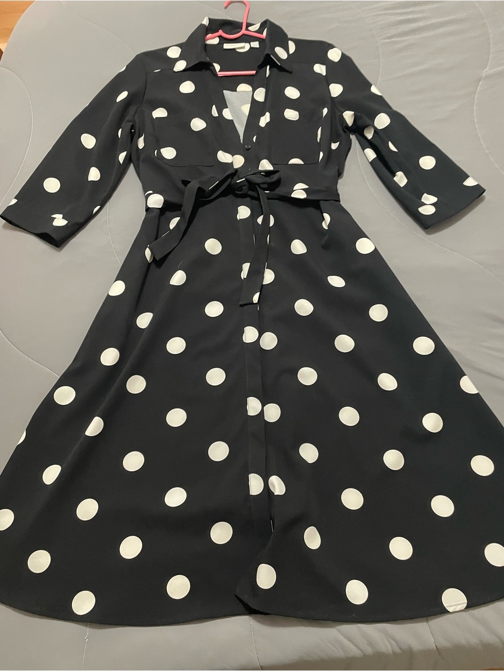 New York & Company Black and White Polka Dot Midi Dress with Tie Waist